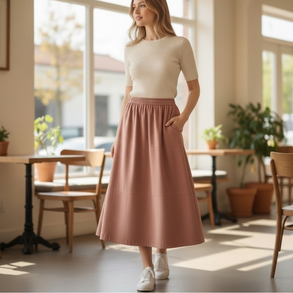 NWT Amour Vert Leandra Suede A-Line Midi Skirt in Camel Brown Soft Small